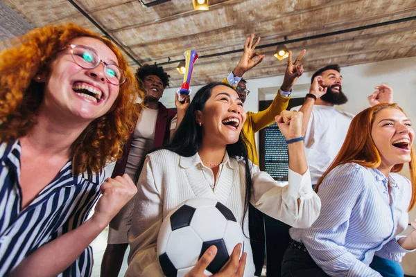 Happy Casual Business People Football Fans Watching Soccer Celebrating Victory — стоковое фото