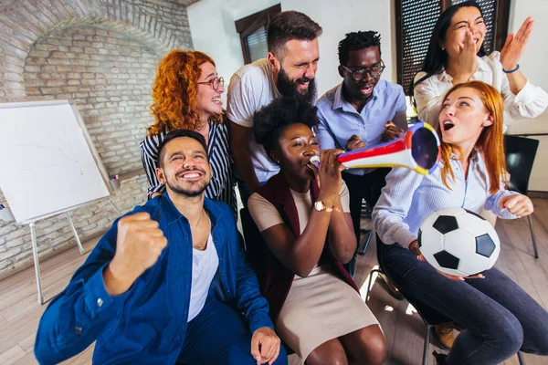 Happy Casual Business People Football Fans Watching Soccer Celebrating Victory — стоковое фото