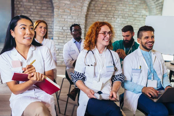 Group Happy Doctors Seminar Lecture Hall Hospital — Stock Photo, Image