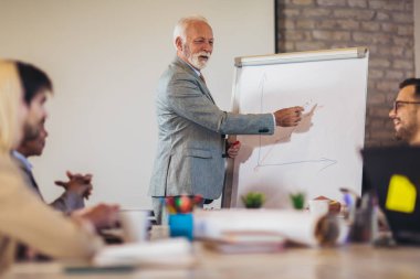 İşletme atölyesi sözcüsü ofisteki meslektaşlarına pozitif iş büyümesi hakkında bir sunum yapıyor..