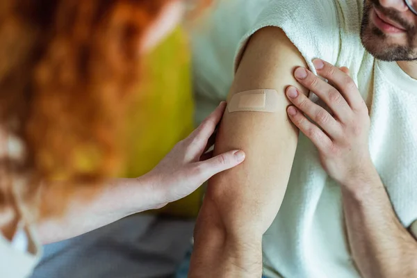 Young Man Showing Arms Covid Vaccine Adhesive Plasters — Stock Photo, Image