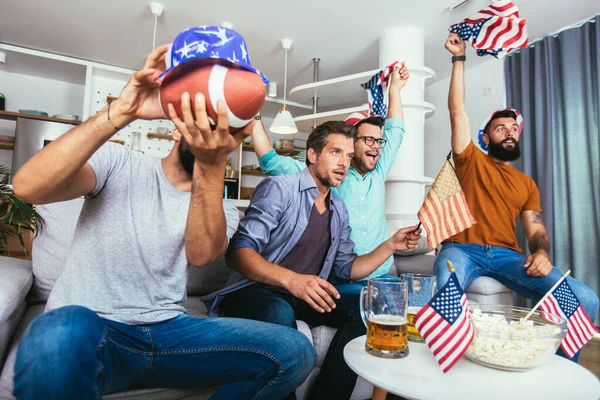 Friends Cheering Sport League Together Holding Rugby Ball While Watching — Stock Photo, Image