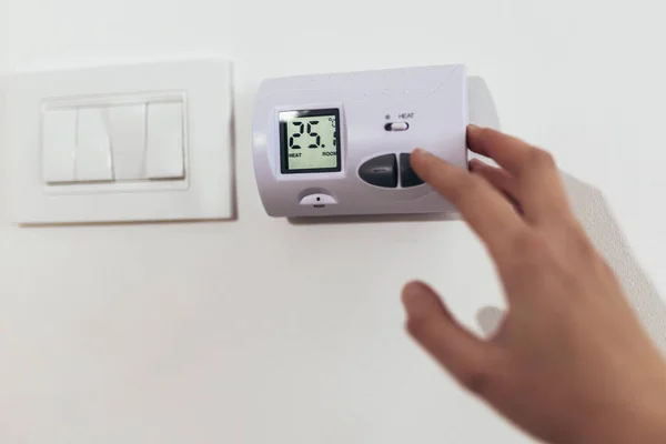 Close View Hand Adjusting Heating Temperature Digital Thermostat Wall House — Stock Photo, Image