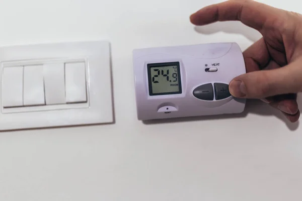 Close View Hand Adjusting Heating Temperature Digital Thermostat Wall House — Stock Photo, Image