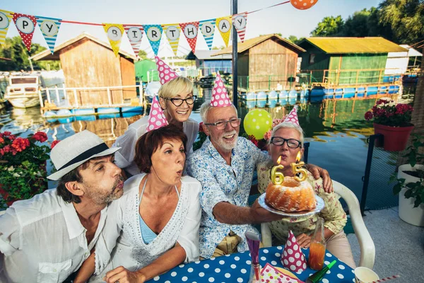 Pessoas Idosas Comemorando Aniversário Casa Campo Rio Divertindo — Fotografia de Stock