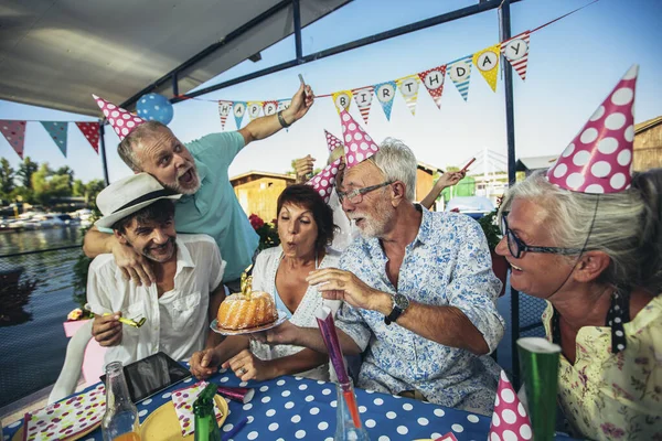 Ældre Mennesker Fejrer Fødselsdag Hytten Floden Have Det Sjovt - Stock-foto