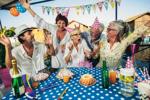 Senioren Feiern Geburtstag Hütte Fluss Und Haben Spaß — Stockfoto