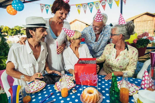 Pessoas Idosas Comemorando Aniversário Casa Campo Rio Divertindo — Fotografia de Stock