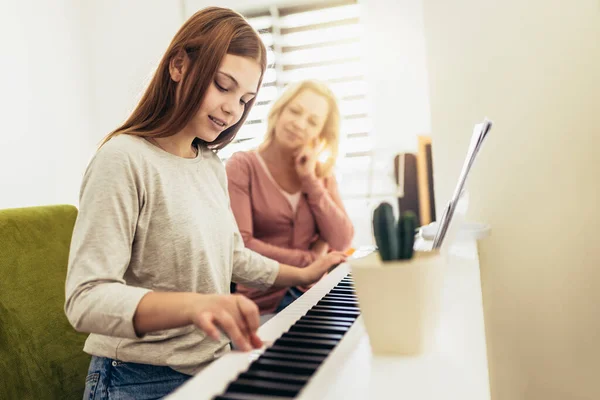 Music Teacher Shows How Play Piano Girl Learning Play Piano — Stock Photo, Image