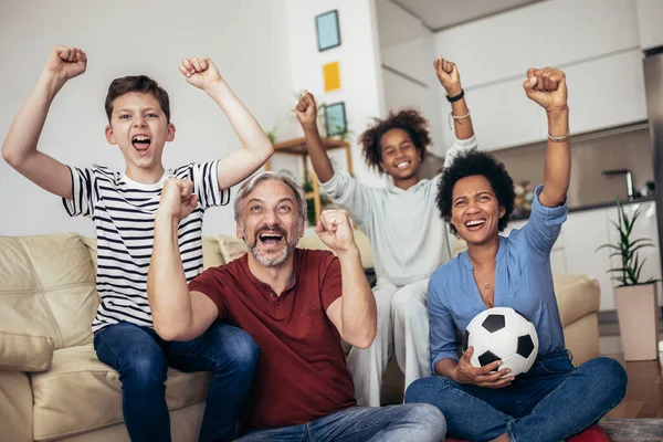 Excited Family Football Fans Watching Sport Game Celebrating Goal Together — ストック写真