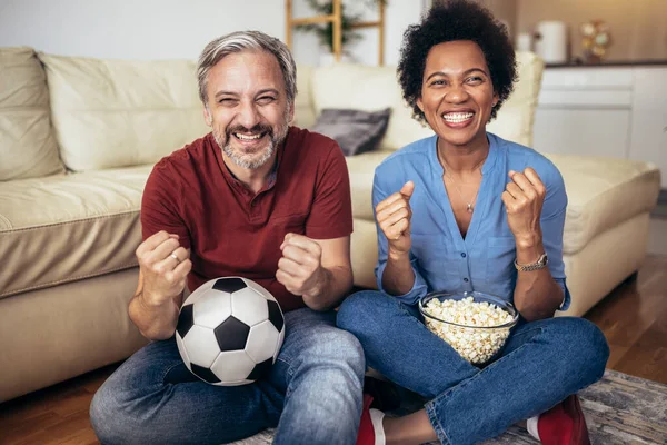 Couple Sport Fans Watching Match Television — Stok fotoğraf