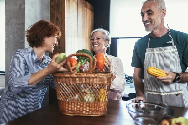 Happy Mature Middle Aged Woman Brings Fresh Vegetables Milk Country — стоковое фото