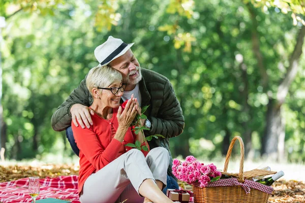 Mutlu Yaşlı Çift Parkta Piknik Yapıyor — Stok fotoğraf