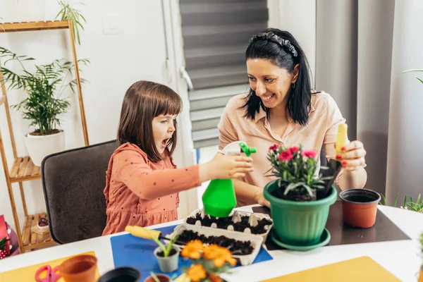 Sevimli bir kız çocuğu annesinin bitkilere bakmasına yardım eder..