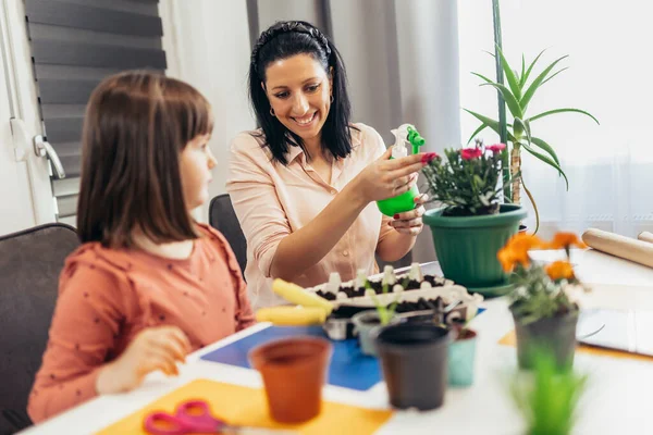 Sevimli bir kız çocuğu annesinin bitkilere bakmasına yardım eder..