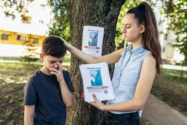 Los Niños Están Buscando Perro Desaparecido Colocando Carteles —  Fotos de Stock