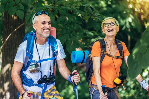 Starsza Para Wędrująca Lesie Plecakach Biegunach Turystycznych Nordic Walking Trekking — Zdjęcie stockowe