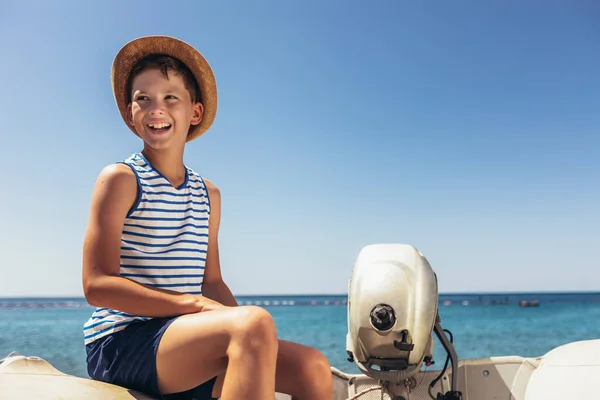 Portrait Cute Boy Happy Excited Smiling Caucasian Boy Enjoy Sailing — 스톡 사진