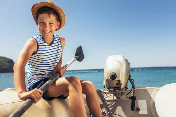 Portrait Cute Boy Happy Excited Smiling Caucasian Boy Enjoy Sailing — Stockfoto