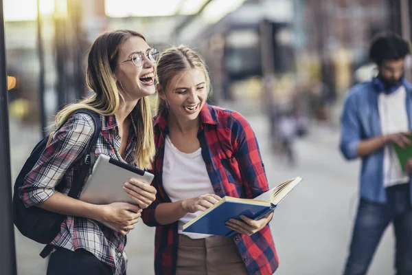 Young Female Students Communicating While Studying Together Outdoors University — kuvapankkivalokuva