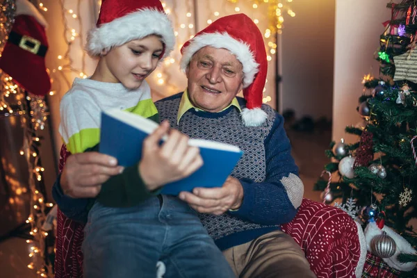 Grootvader Kleinzoon Zitten Stoel Lezen Boek Tijdens Kerst — Stockfoto