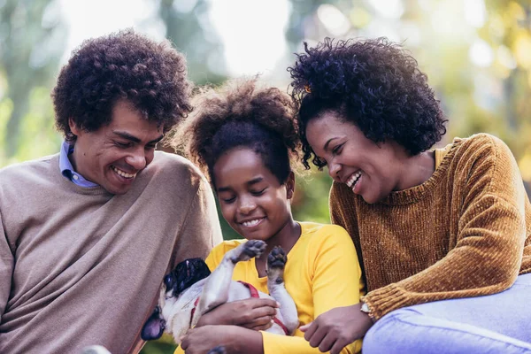 Beautiful Young Family Lying Picnic Blanket Dog Enjoying Autumn Day — Stock Photo, Image