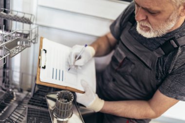 mutfak Panosu'na yazma bulaşık makinesi yakın oturan erkek teknisyen.