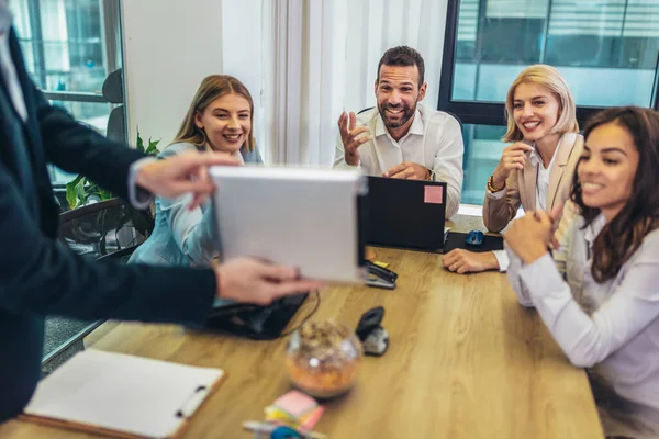 Office Colleagues Meeting Conference Room Make Video Call Business Meeting — Stock Fotó