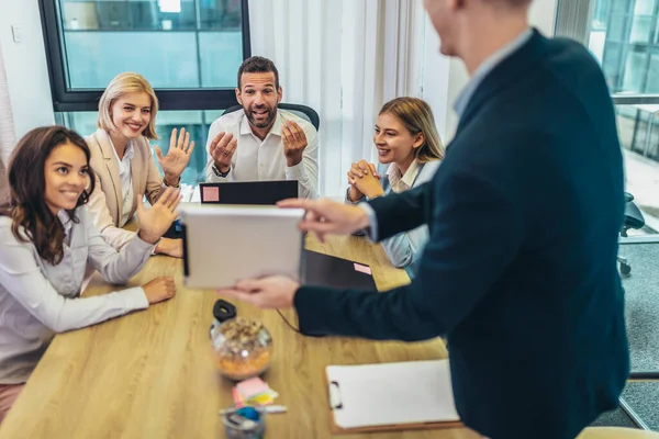 Office Colleagues Meeting Conference Room Make Video Call Business Meeting — Foto Stock
