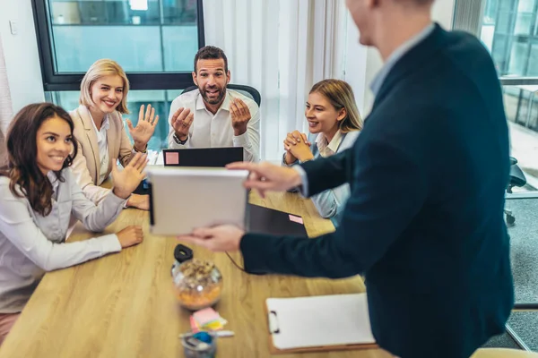 Office Colleagues Meeting Conference Room Make Video Call Business Meeting —  Fotos de Stock