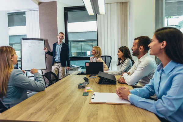 Shot Businessman Giving Presentation Her Colleagues Whiteboard Boardroom — Stock Photo, Image