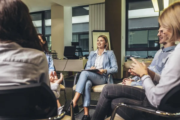 Group People Sitting Circle Group Therapy Looking Therapist Listening Her — Stock Photo, Image