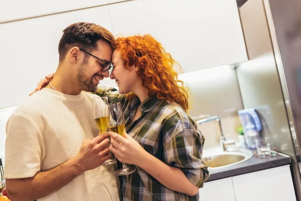 Cute Young Couple Drinking Wine Kitchen — Stock Photo, Image