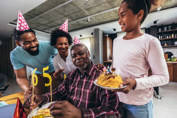 Multi Generation African American Family Celebrating Grandfathers Birthday Home Together — Fotografia de Stock
