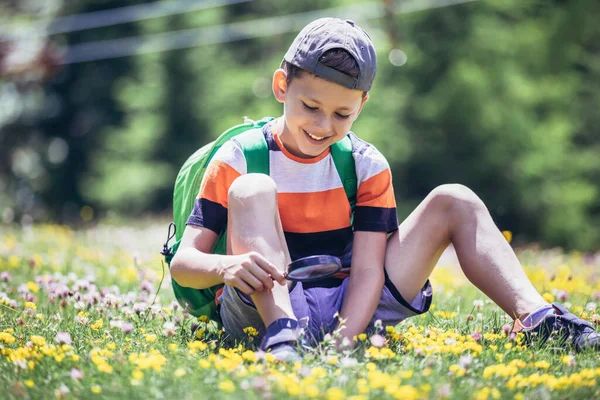 Niño Explorando Naturaleza Prado Con Una Lupa — Foto de Stock