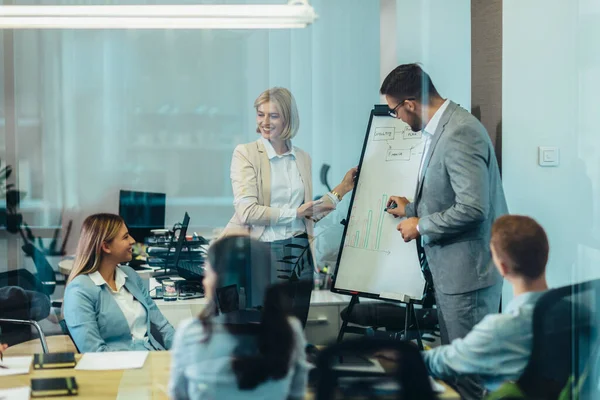 Business People Giving Presentation Her Colleagues Whiteboard Boardroom — Stock Photo, Image