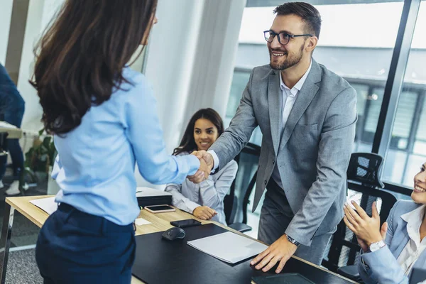 Human Resource Team Talking Candidate Job Interview Office — Photo