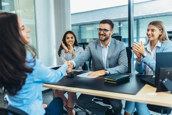 Human Resource Team Talking Candidate Job Interview Office — Stockfoto