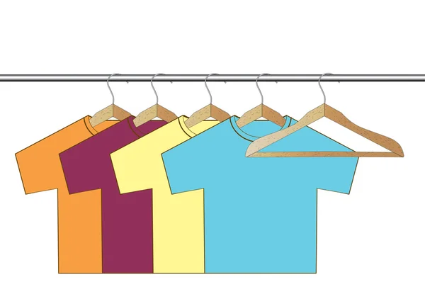 Vector different colorful t-shirt on wooden hangers — Stock Vector