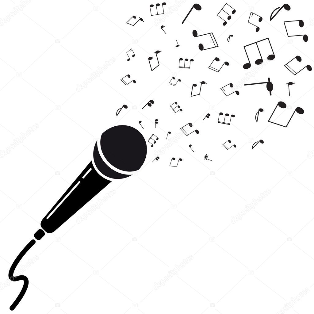 Microphone black silhouette with notes. A vector illustration isolated on white background