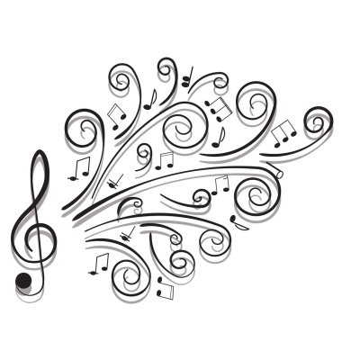 Musical notes. Ornament with swirls on white background.