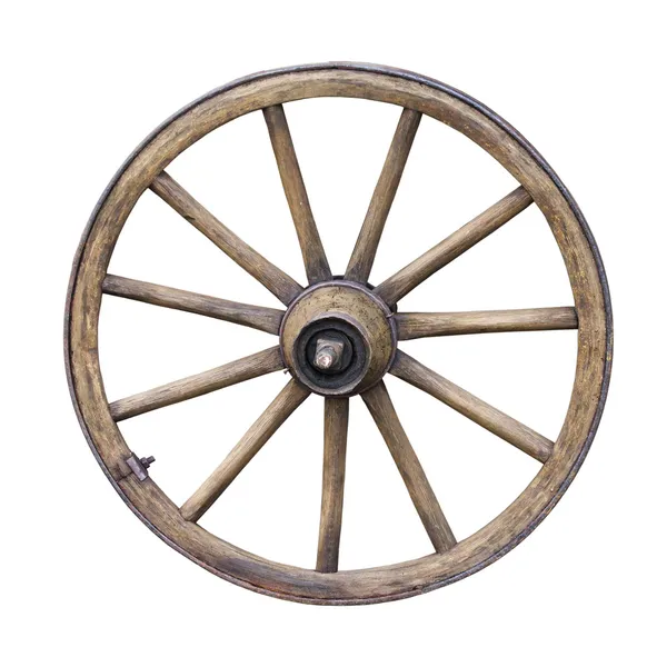 Beyaz arkaplanda izole edilmiş eski ahşap tekerlek — Stok fotoğraf