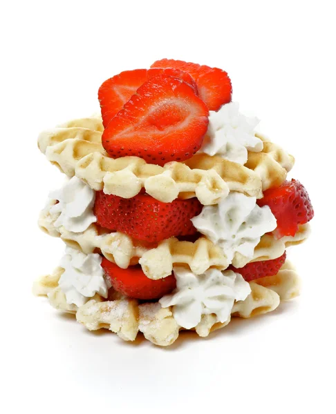 Waffles with Strawberries and Whipped Cream — Stock Photo, Image
