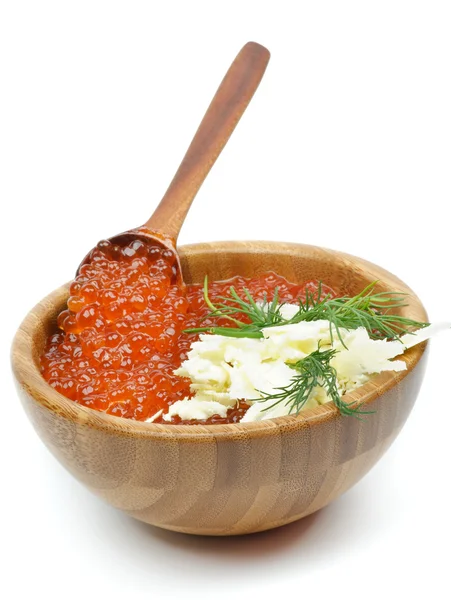 Wood Bowl of Red Caviar — Stock Photo, Image