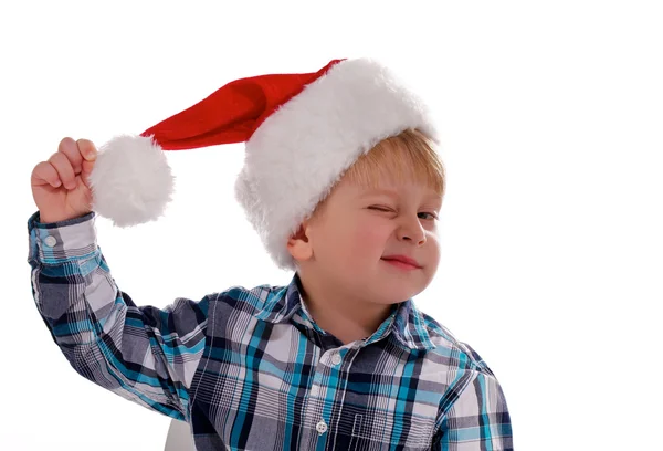 Merry christmas boy med santa hatt — Stockfoto