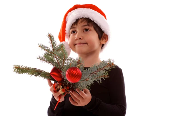 Little Santa with Spruce Branches — Stock Photo, Image