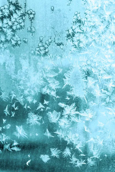 Frosty Pattern Openwork Snowflakes Window Closeup Turquoise Toned Stock Photo