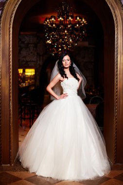 beyaz gelinlik iç parlak makyaj ve saç modeli ile mutlu güzel seksi gelin esmer kız kadın