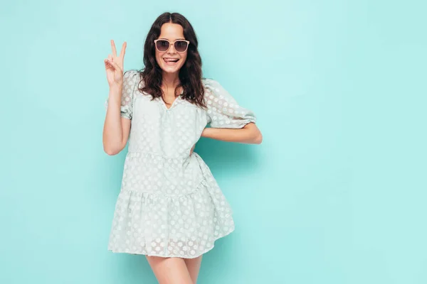Portrait Young Beautiful Smiling Female Trendy Summer Dress Sexy Carefree — Stock Photo, Image