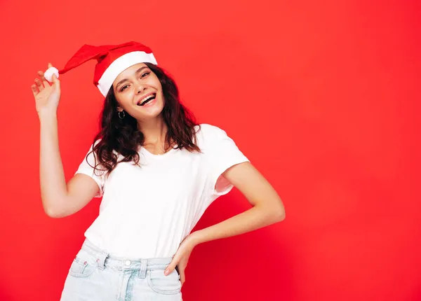 Vacker Kvinna Firar Nyår Glad Vacker Kvinna Casual Kläder Har — Stockfoto